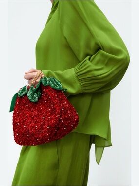 Zara Red Sequin Strawberry Clutch with Green Leaf Accents